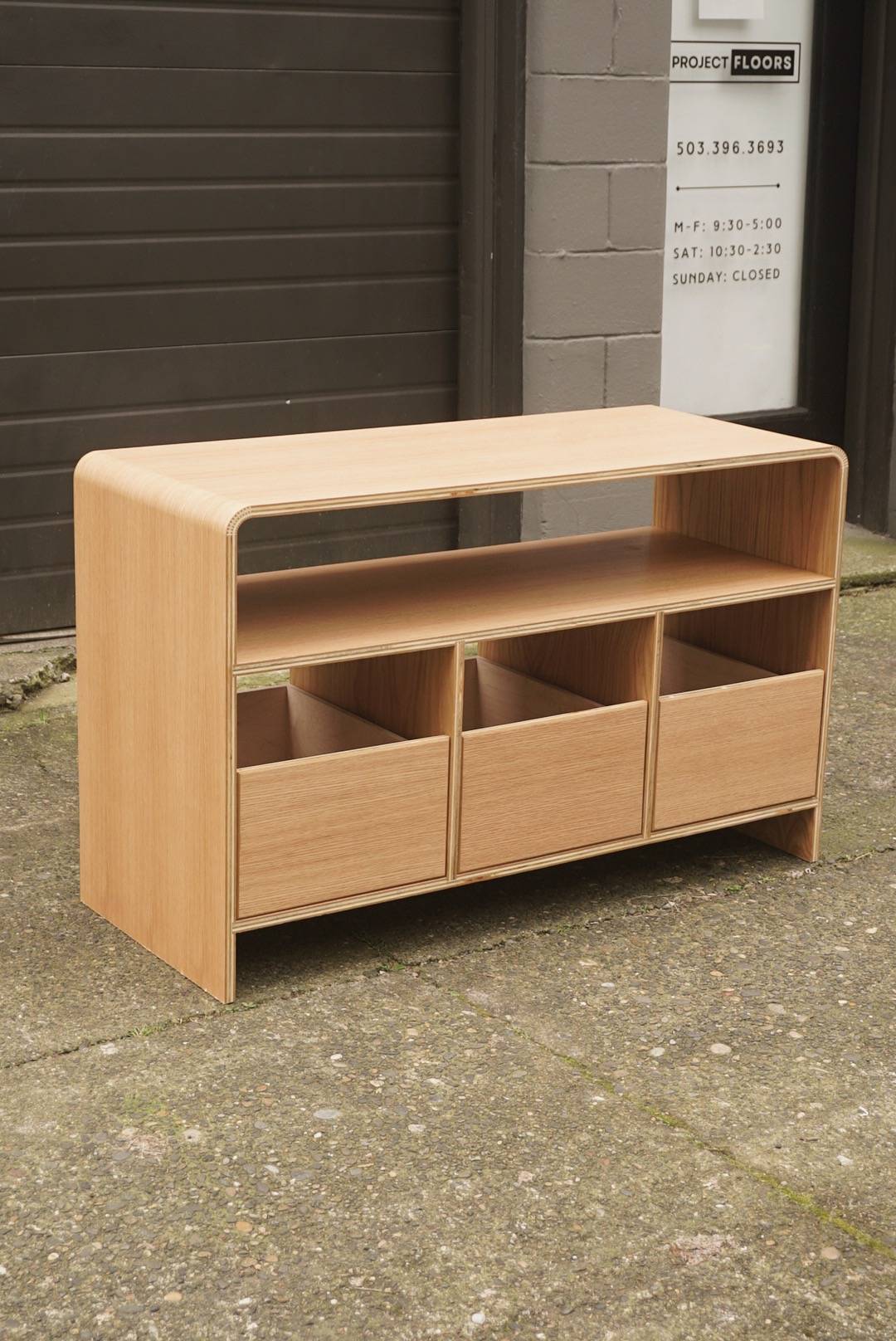 Custom Kerf Bent White Oake Record Storage with vinyl record drawers