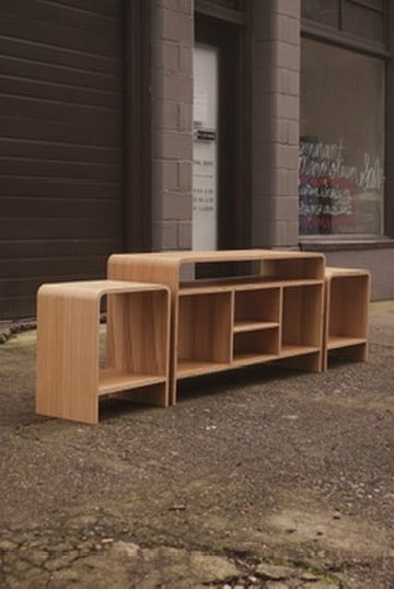 Custom White oak Kerf Bent Media unit with matching side tables