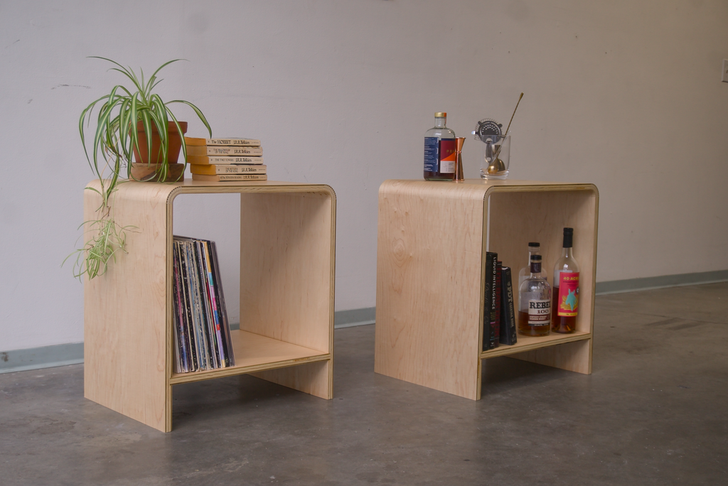 Maple Kerf Bent Morrison Side tables made out of plywood and finished with rubio monocoat