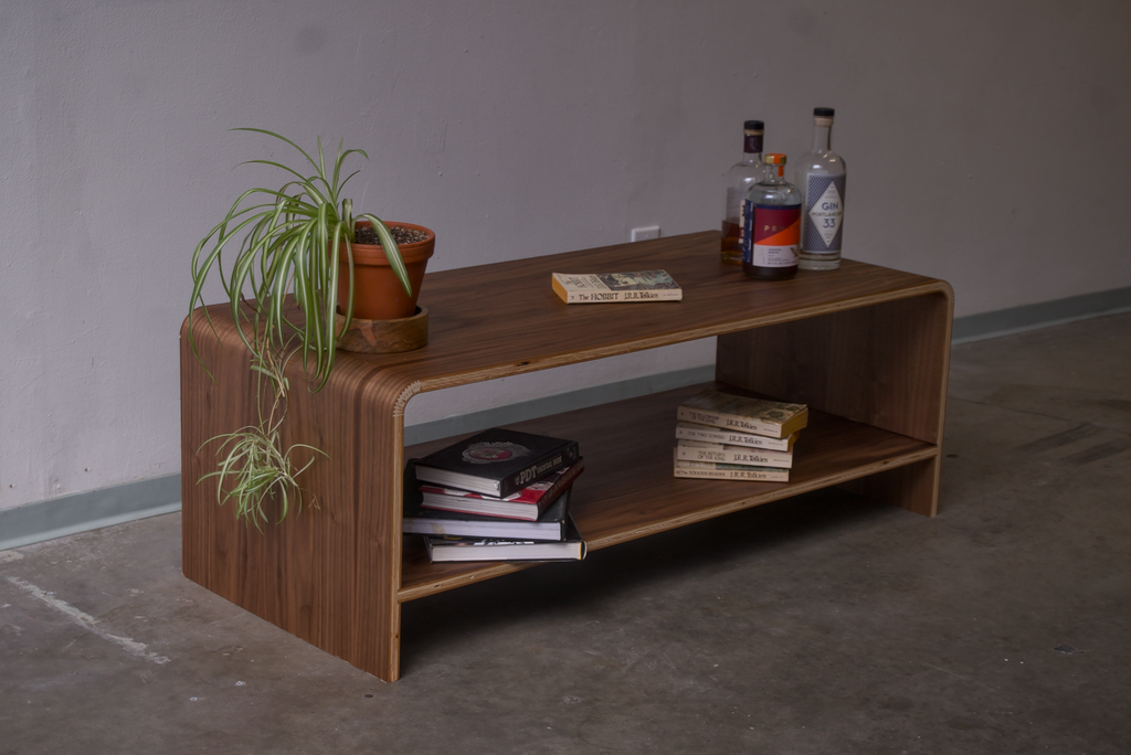 Walnut Kerf Bent Coffee Table made out of plywood and finished with rubio monocoat