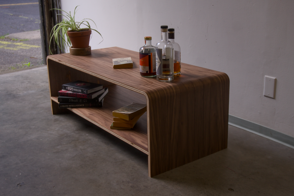 Walnut Kerf Bent Coffee Table made out of plywood and finished with rubio monocoat