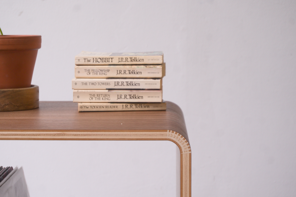 Walnut Kerf Bent Morrison Side table made out of plywood and finished with rubio monocoat