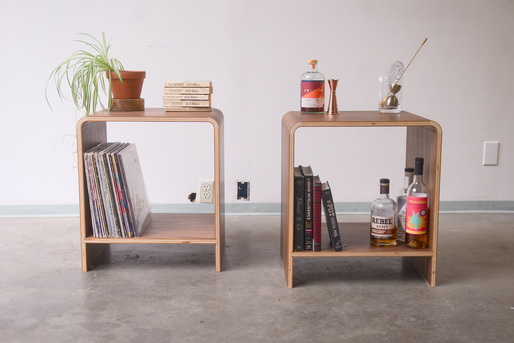 Walnut Kerf Bent Morrison Side table made out of plywood and finished with rubio monocoat