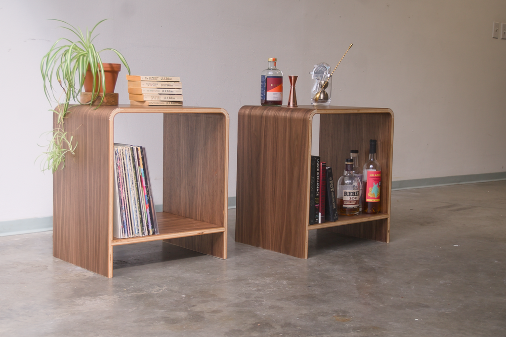 Walnut Kerf Bent Morrison Side table made out of plywood and finished with rubio monocoat