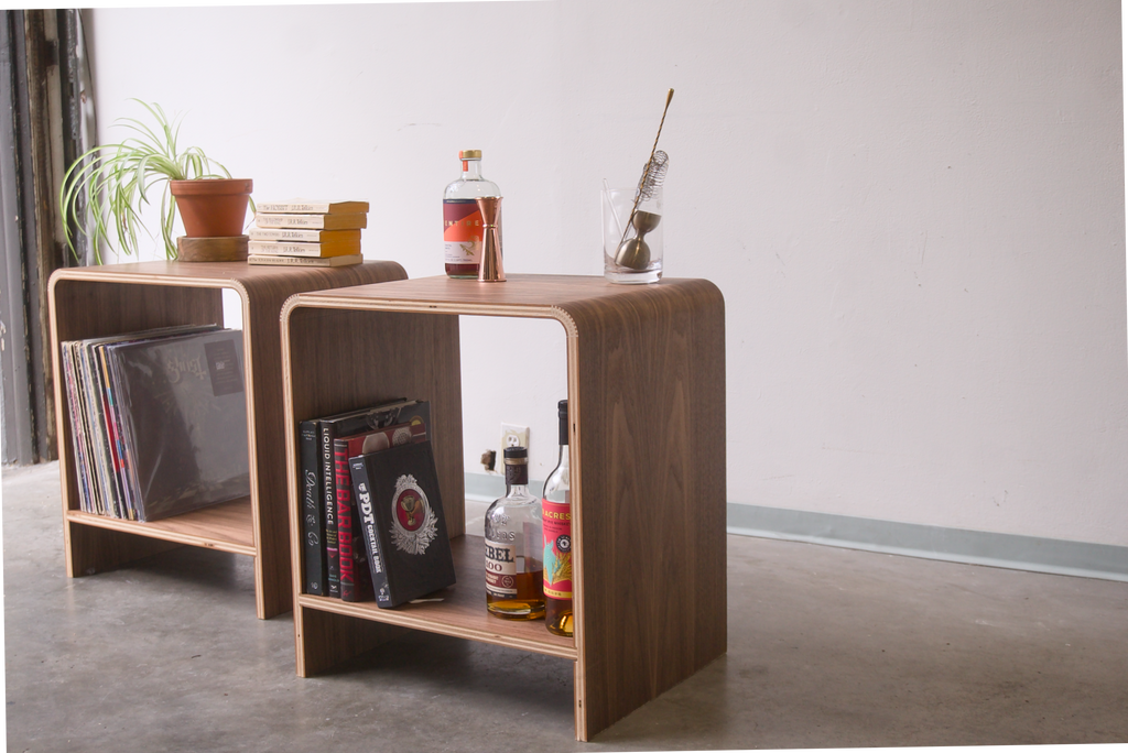 Walnut Kerf Bent Morrison Side table made out of plywood and finished with rubio monocoat
