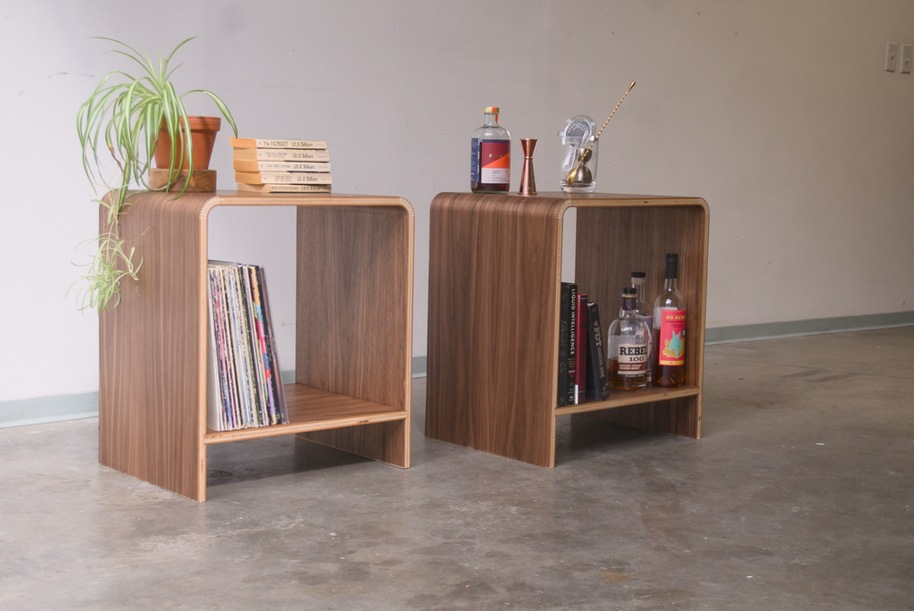 Walnut Kerf Bent Morrison Side tables made out of plywood and finished with rubio monocoat